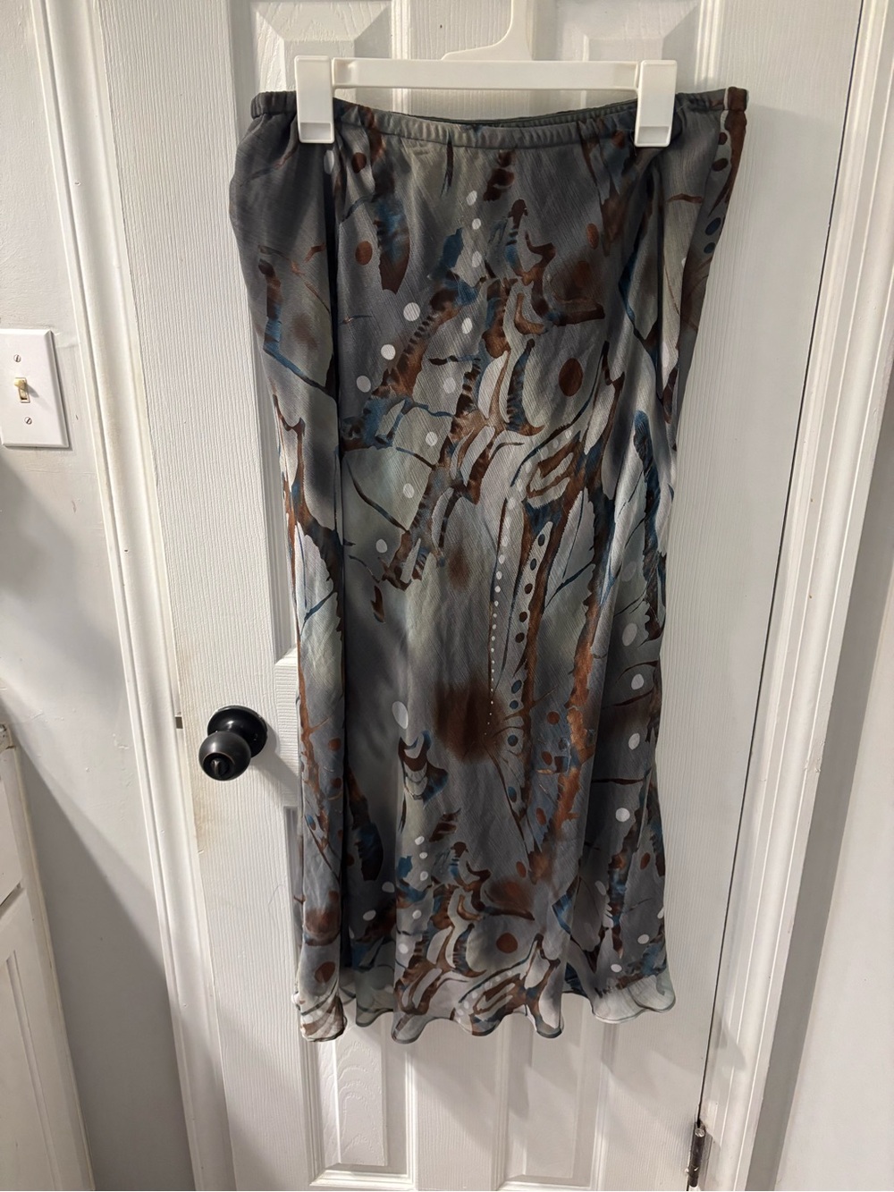 Abstract Print Midi Skirt in Gray, Brown & Blue